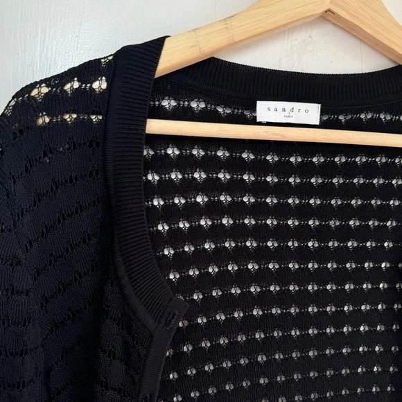 Sandro Viana Noir Lightweight Pointelle Button Up Scallop Edge Cardigan Sweater - Picture 7 of 12